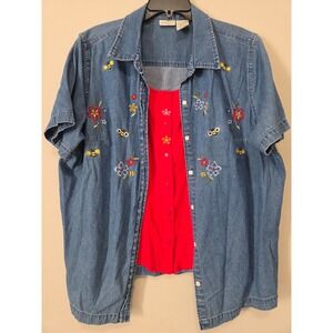 White Stag Plus Denim Shirt Womens 18/20W Floral Bee Embroidered Layered Red Top